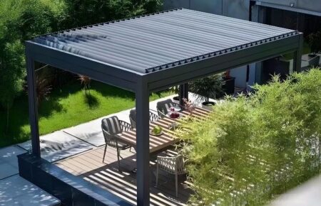Modern pergola with outdoor seating and greenery.