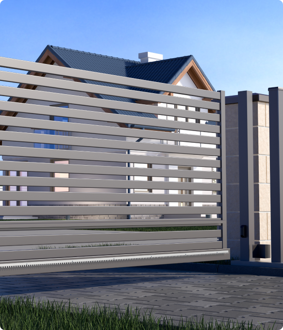 Modern sliding metal gate in front of a house. Modern sliding metal gate in front of a house.